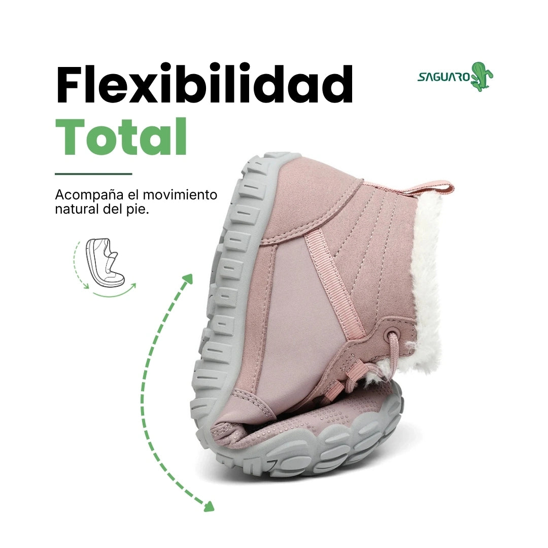 Botas de horma ancha para mujer Saguaro Will I rosa, calzado barefoot elástico totalmente flexible para evitar la presión de juanetes en Chile.
