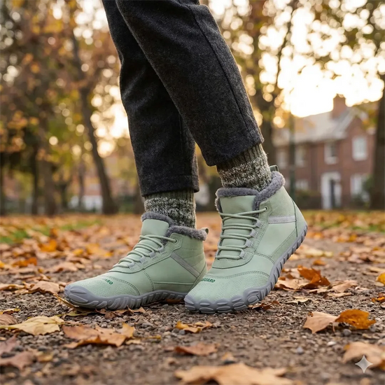 Persona caminando sobre hojas secas con botas barefoot color menta Saguaro Will I, calzado flexible para senderismo ligero.