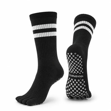 Calcetines 5 dedos antideslizantes para deporte y yoga color negro Sowilo, medias anatómicas largas con caña elástica que absorbe la humedad.