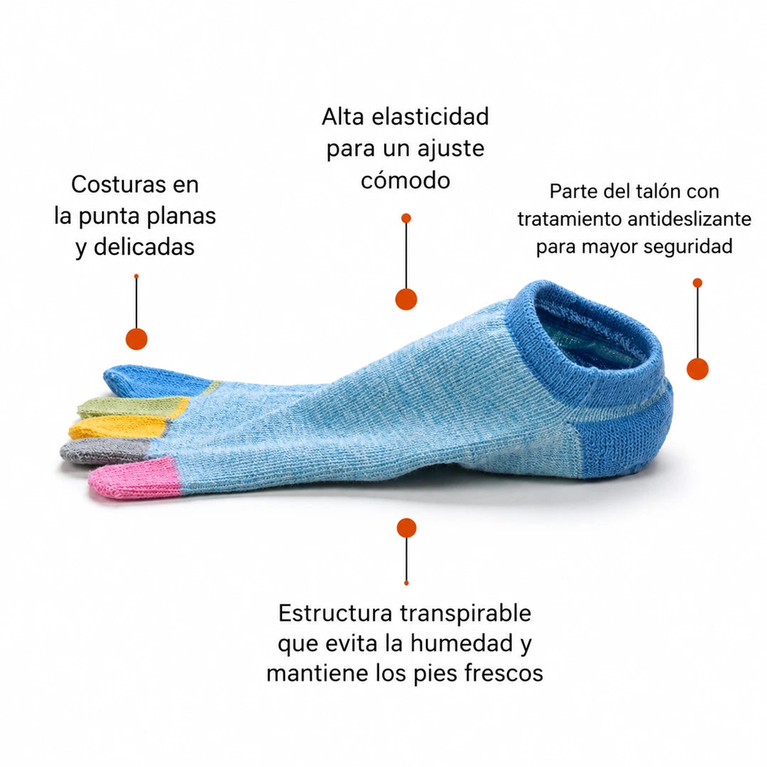 Calcetines con dedos invisibles marca Sowilo, estructura transpirable anti-humedad y costuras planas delicadas para calzado barefoot en Chile.