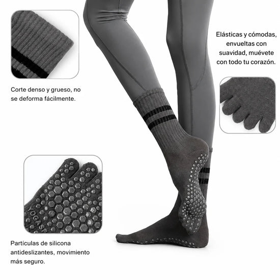 Infografía técnica de calcetines con dedos en Chile marca Sowilo, destacando las partículas de silicona antideslizante y el corte denso y grueso.