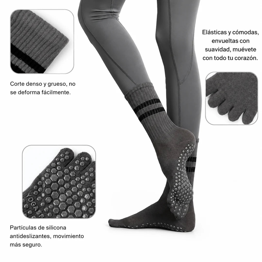 Infografía técnica de calcetines con dedos en Chile marca Sowilo, destacando las partículas de silicona antideslizante y el corte denso y grueso.