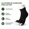 Infografía de calcetines de alineación para los pies Sowilo negros, destacando sus propiedades transpirables, diseño deportivo suave y flexible.