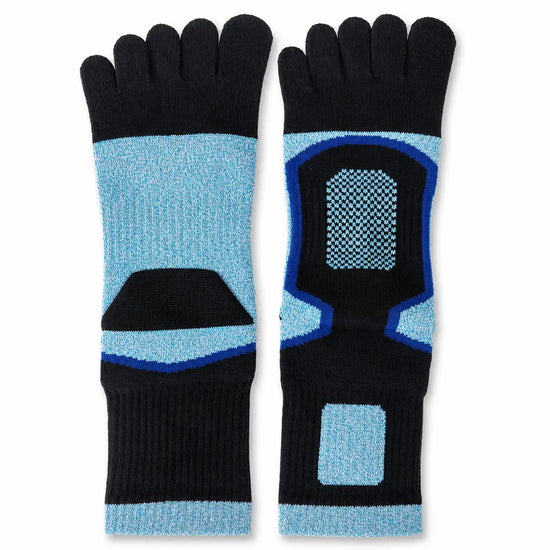 Calcetines de dedos separados para running color azul y negro Sowilo, medias deportivas largas con soporte elástico anti-ampollas.