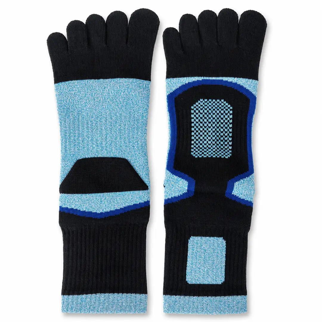 Calcetines de dedos separados para running color azul y negro Sowilo, medias deportivas largas con soporte elástico anti-ampollas.