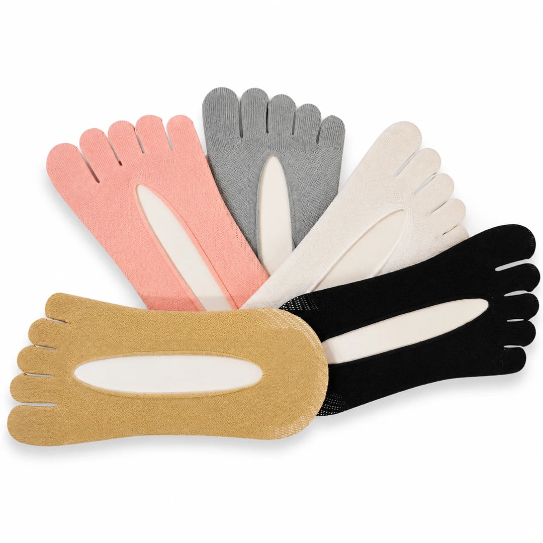 Pack en abanico de calcetines de dedos separados para mujer marca Sowilo, protectores cortos ultrafinos y transpirables para zapatillas minimalistas en Santiago.