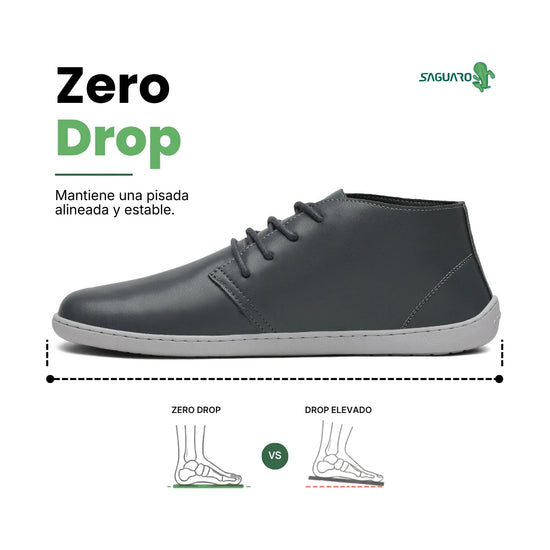Calzado barefoot formal con suela plana zero drop y diseño ergonómico minimalista.