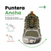 Vista frontal de calzado barefoot mujer verde resaltando la amplia caja para los dedos.