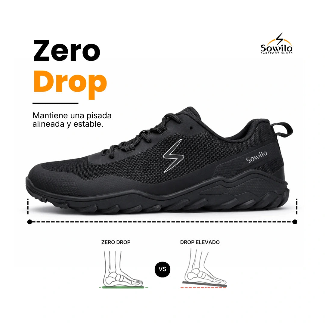 Calzado funcional barefoot negro Sowilo Algiz, diseño sobrio y técnico con suela plana para máxima estabilidad.