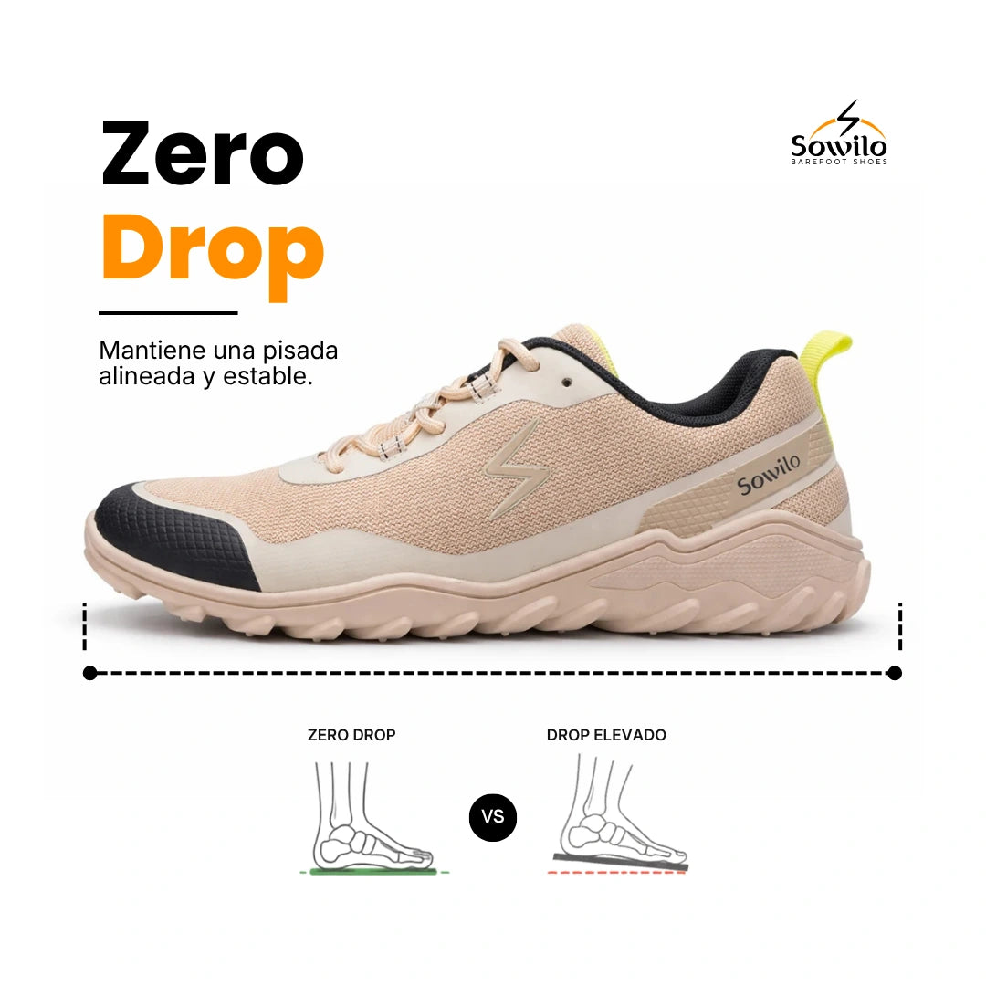 Calzado minimalista de exploración Sowilo Algiz beige, vista de perfil que resalta la suela delgada de 4mm para propiocepción.