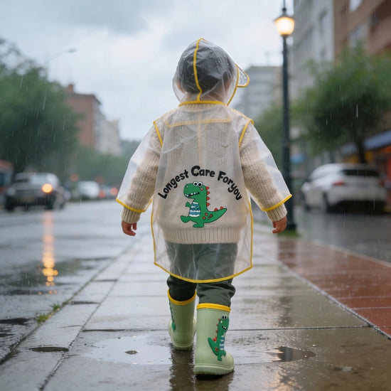 Capa de lluvia para colegio color amarillo con diseño de dinosaurio, piloto impermeable infantil holgado que no limita el movimiento libre de los niños en Chile.