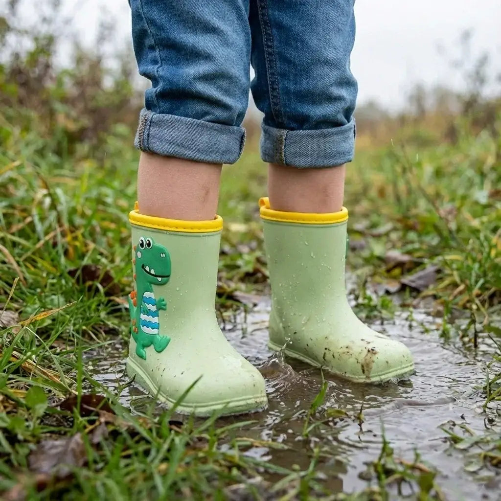 Niño de pie en un charco usando botas de agua verdes con diseño de dinosaurio.
