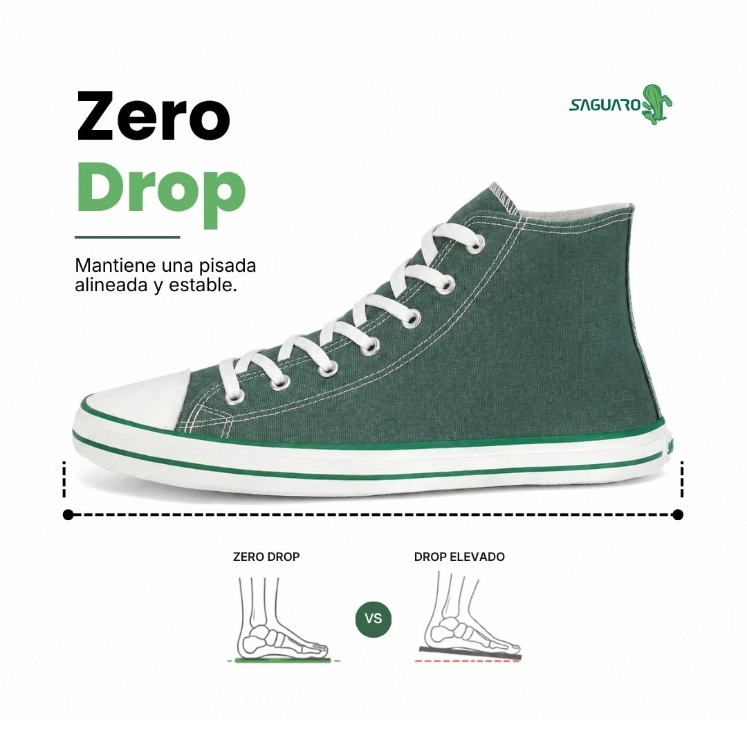 Vista superior de zapatilla barefoot mujer verde mostrando amplio espacio para los dedos.