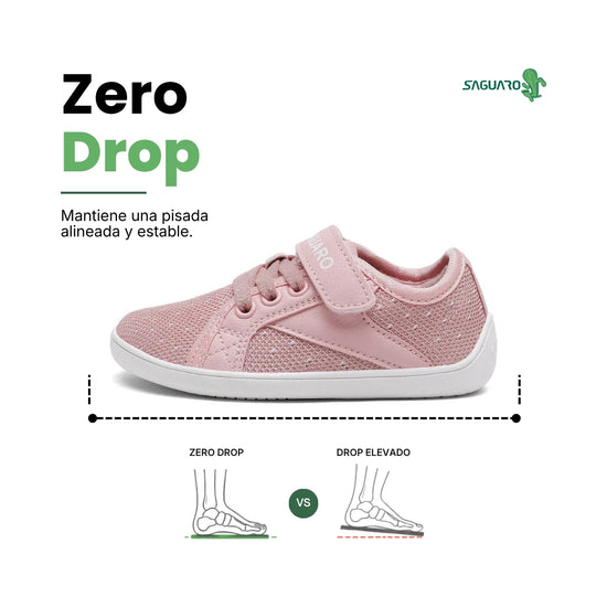 Perfil calzado ergonómico minimalista rosa para niñas, zero drop.