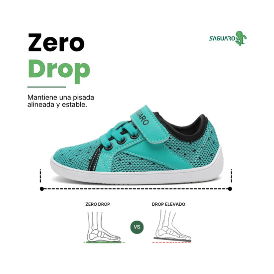 Calzado barefoot verde para niños — suela zero drop transpirable Saguaro Luck I Chile