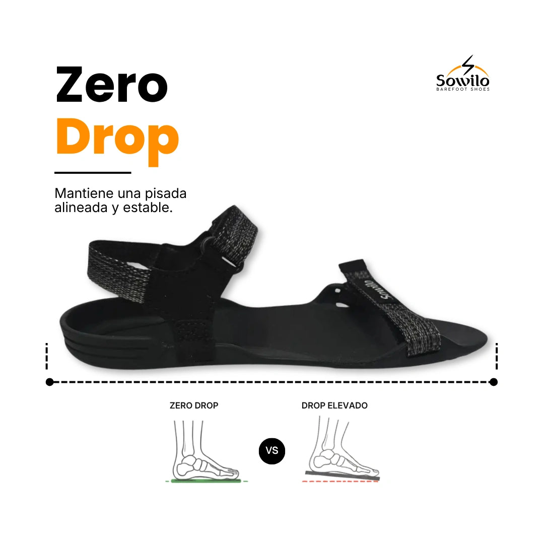 Sandalia barefoot Sowilo Raido negra vista lateral destacando su diseño minimalista.