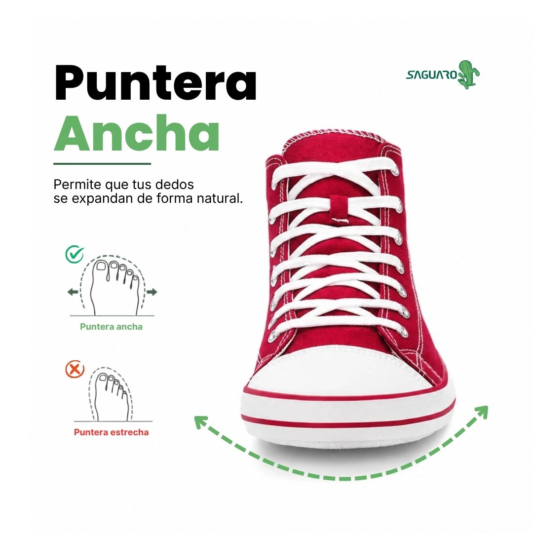 Vista superior de zapatilla barefoot mujer Saguaro Roam I resaltando puntera ancha.