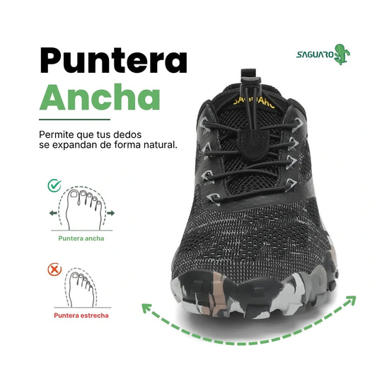 Zapatilla Saguaro Smart II negra vista frontal con puntera ancha.
