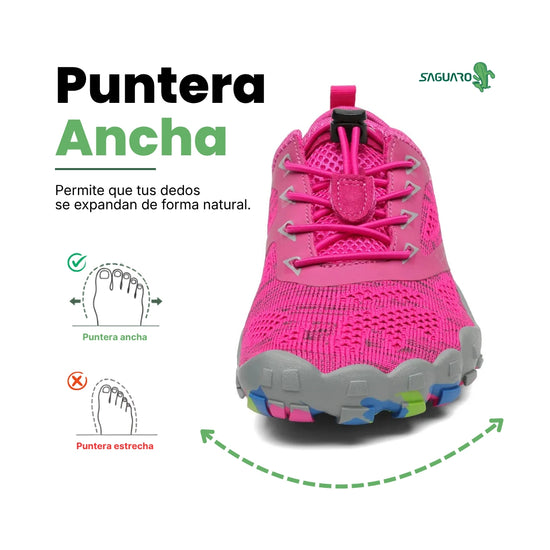 Zapatillas rosas vista frontal con puntera ancha ergonómica barefoot.