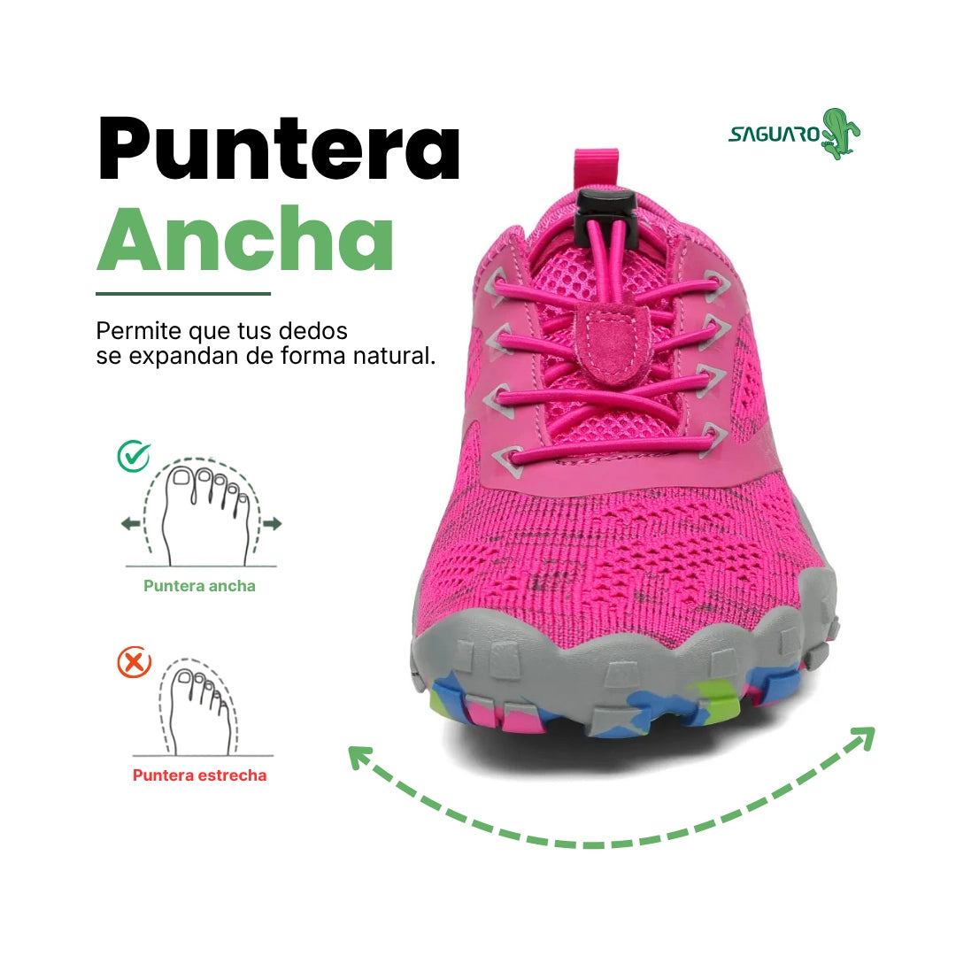 Zapatillas rosas vista frontal con puntera ancha ergonómica barefoot.