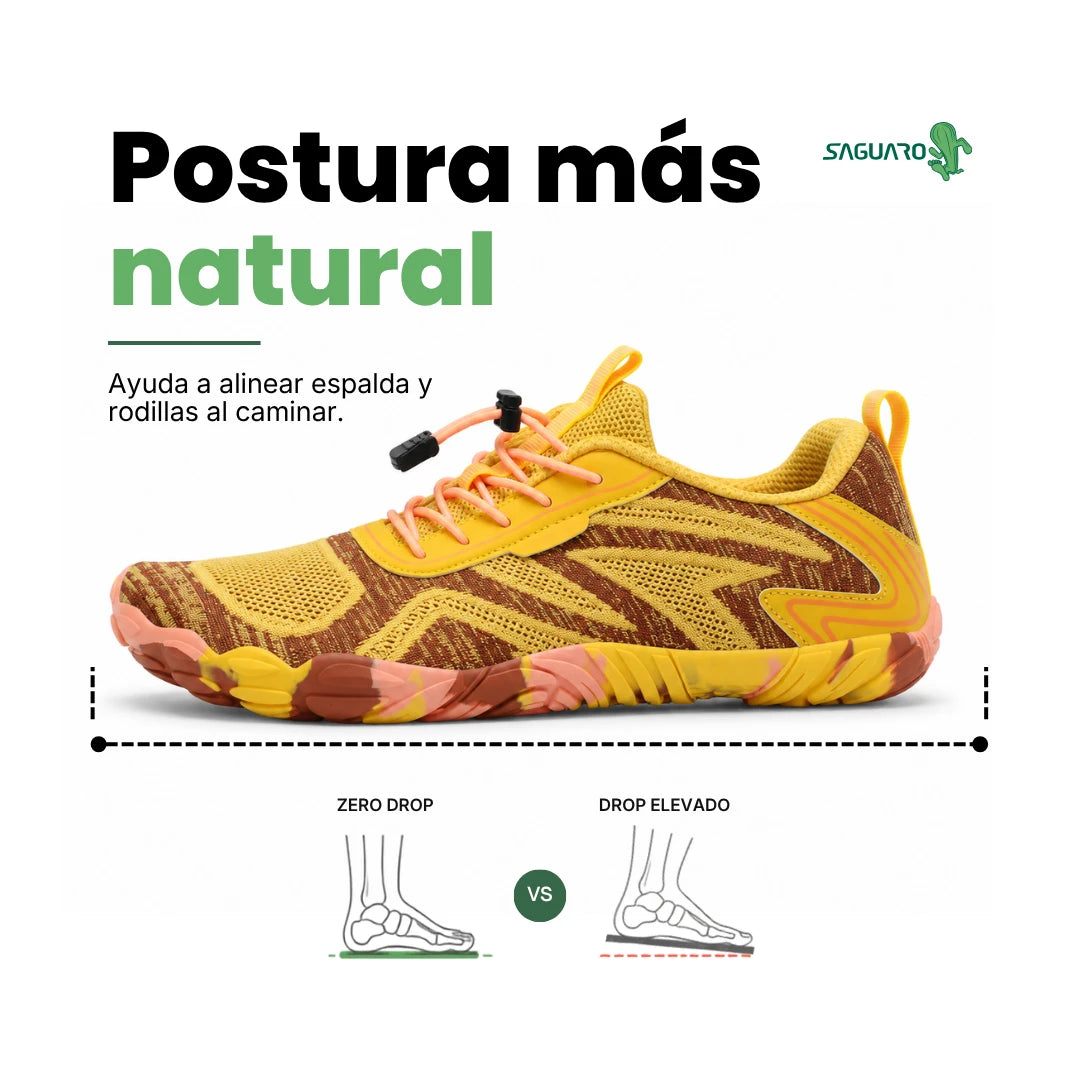 Suela de caucho flexible con diseño de camuflaje naranja y café para máxima tracción.