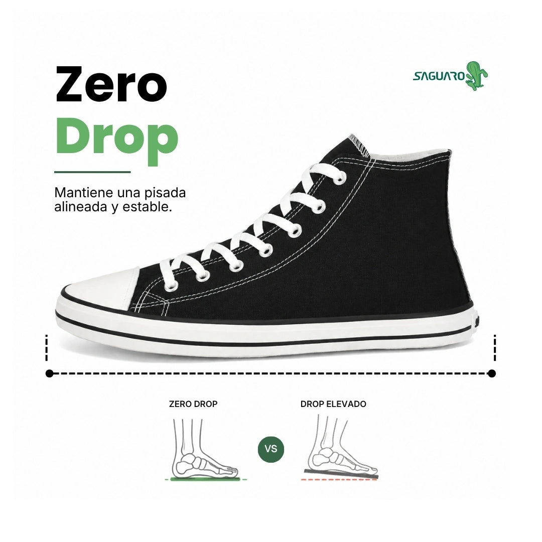 Interior zapatilla lona negra mostrando horma anatómica espaciosa.