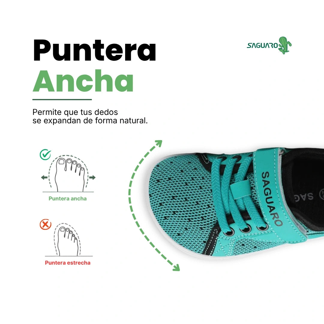 Zapatos ergonómicos niños verde — puntera ancha y velcro calzado barefoot Saguaro Chile