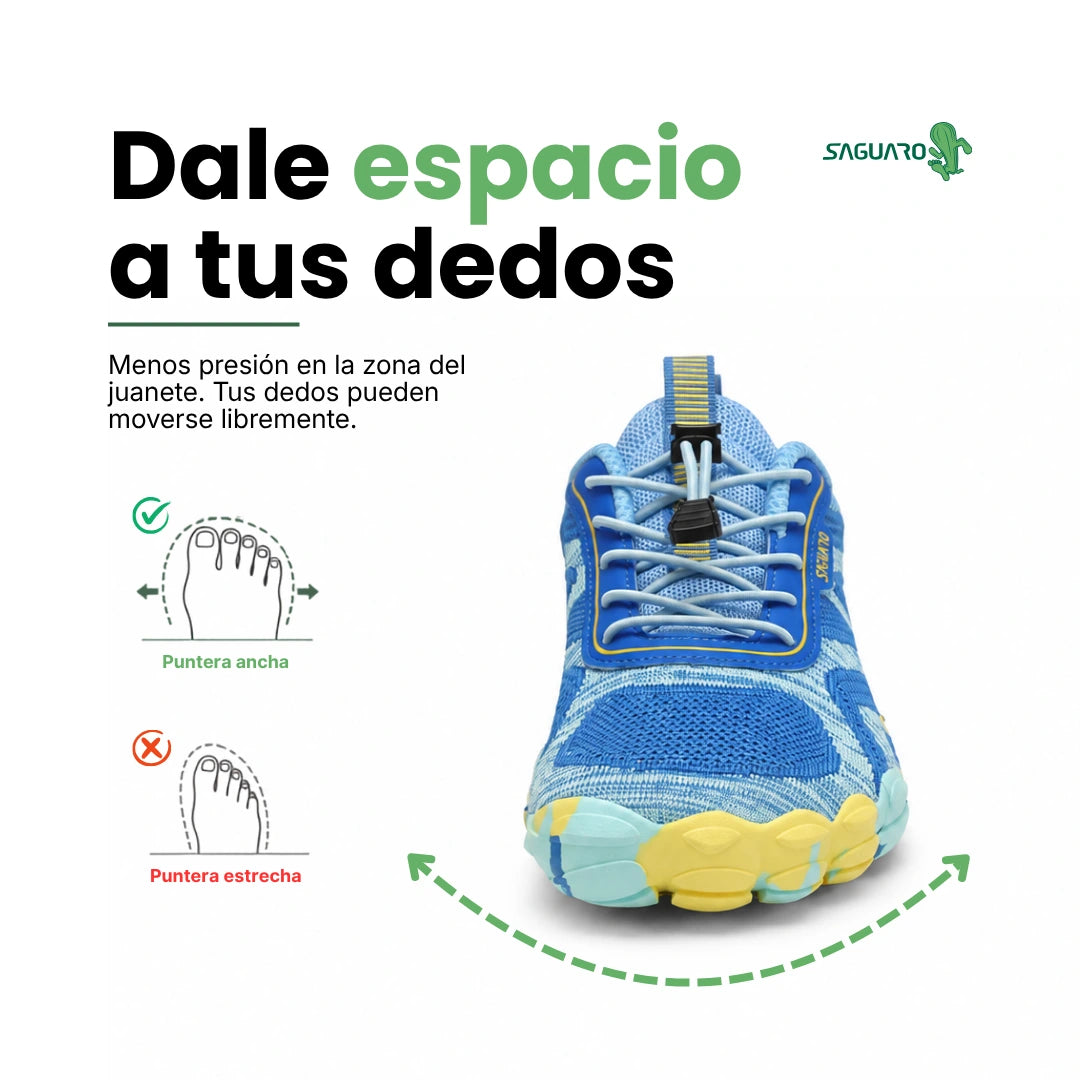 Vista frontal de zapatillas barefoot mujer azul celeste con puntera ancha anatómica.
