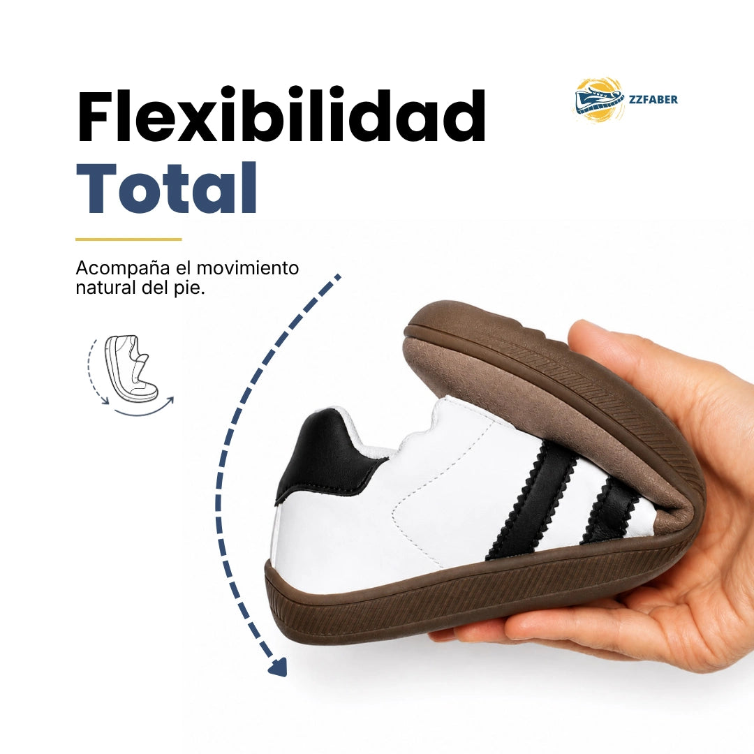 Zapatillas ergonómicas blancas ZZFABER Niza 2.0 con suela caqui flexible, calzado respetuoso de horma ancha para el libre movimiento del empeine en Chile.