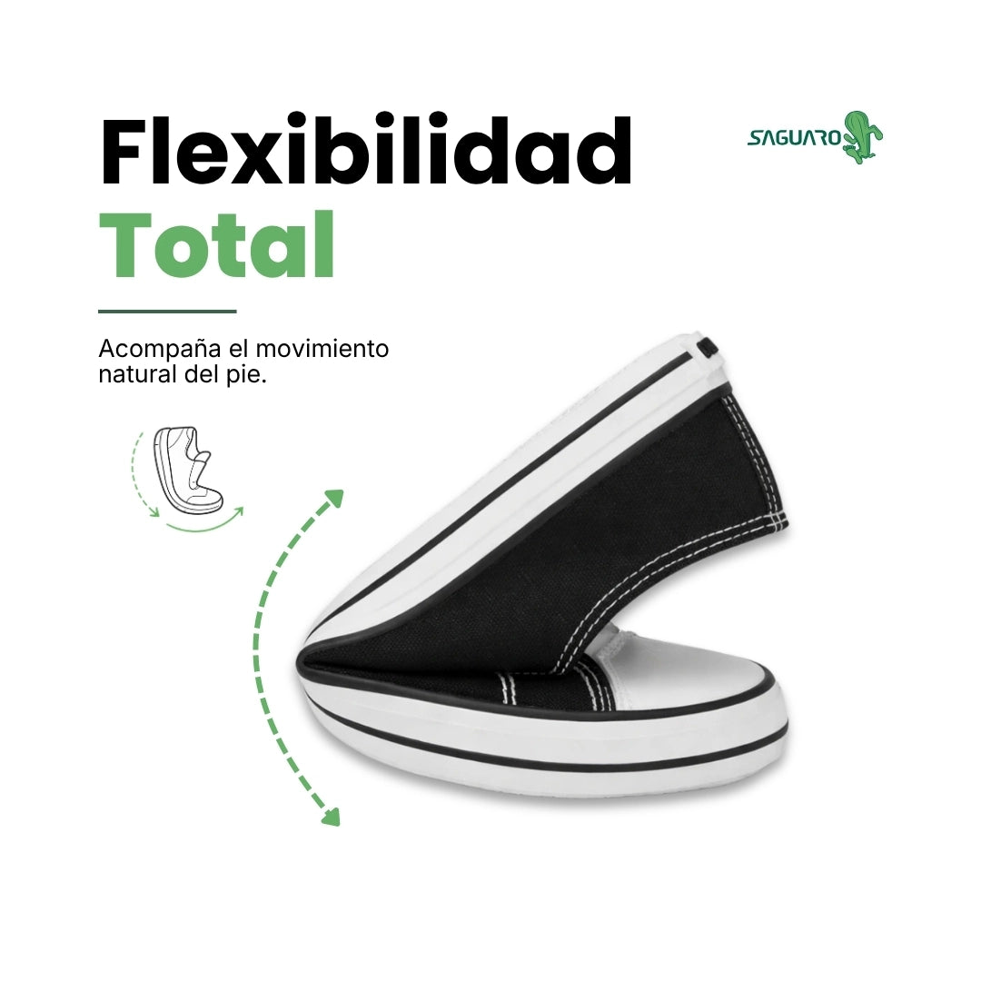 Detalle de flexibilidad extrema en zapatillas de lona barefoot, permitiendo movimiento natural.