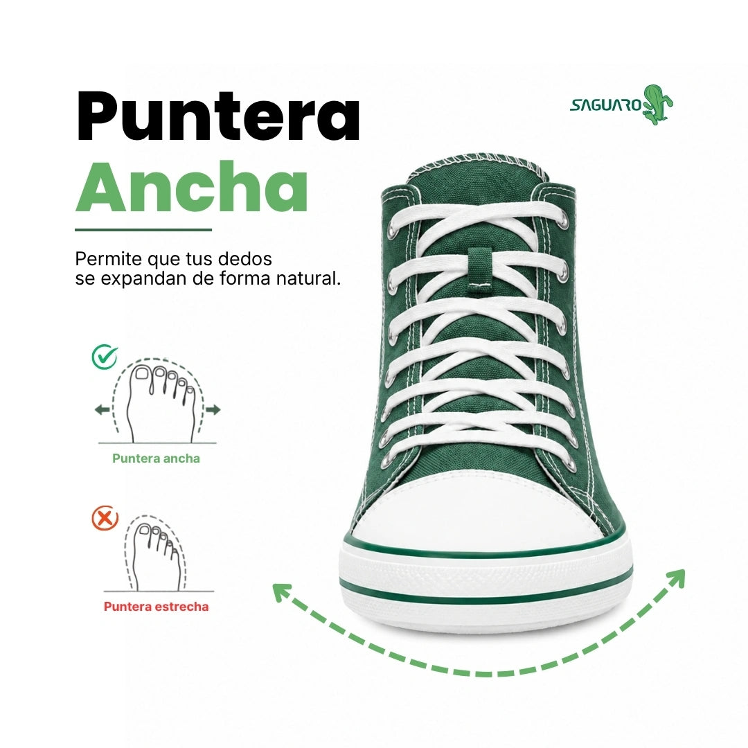 Zapatillas minimalistas verdes Saguaro Roam I con suela elástica y flexible de caucho, diseño de horma ancha para liberar el empeine en Chile.