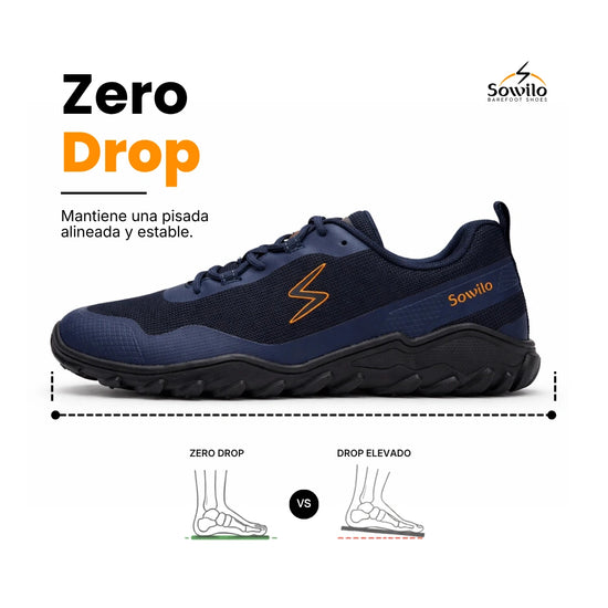 Calzado barefoot outdoor para hombre marca Sowilo color azul, vista lateral que destaca su diseño ergonómico y ligero.