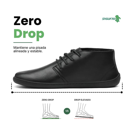 Vista lateral de zapatos barefoot formales negros con suela plana y diseño elegante.