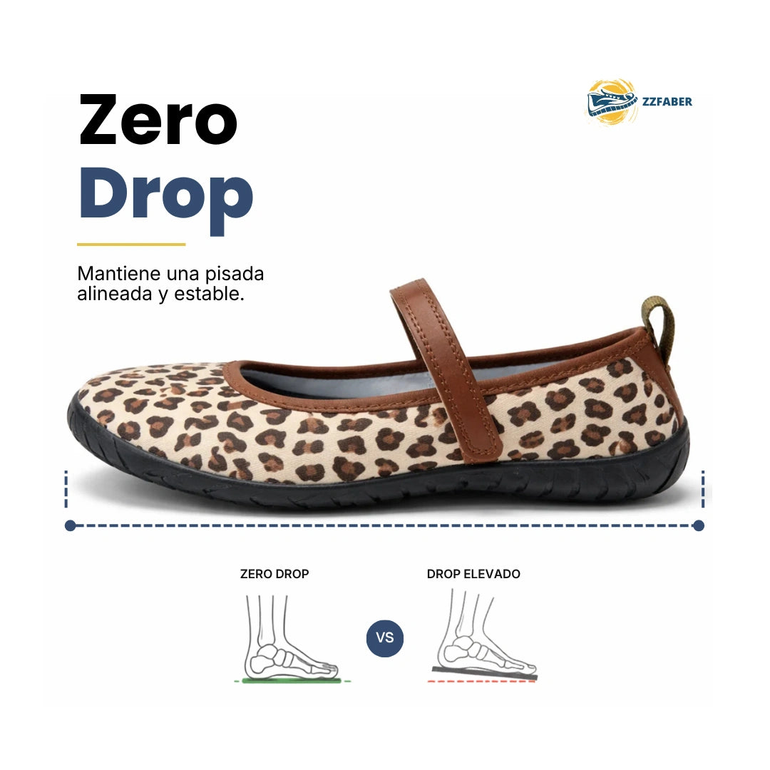 Zapato minimalista para mujer con suela plana zero drop y tejido elástico de leopardo.