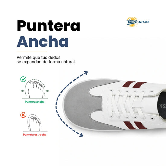 Vista superior de calzado barefoot para adulto ZZFABER Niza 2.0 blanco, mostrando su amplia puntera anatómica que evita la opresión de juanetes.